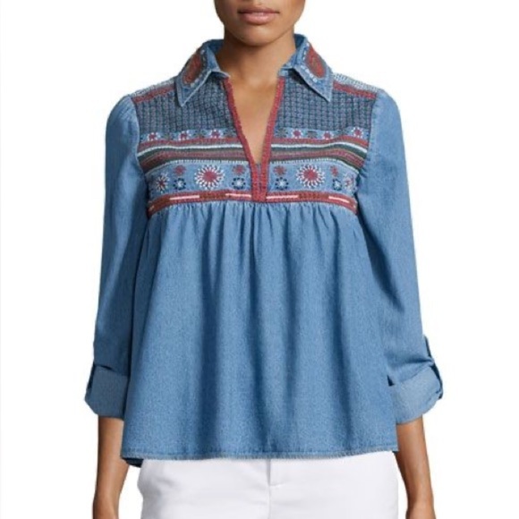 Alice + Olivia Karly Embroidered Denim Top Shirt Blouse Roll Tab Size Small S - Picture 1 of 6
